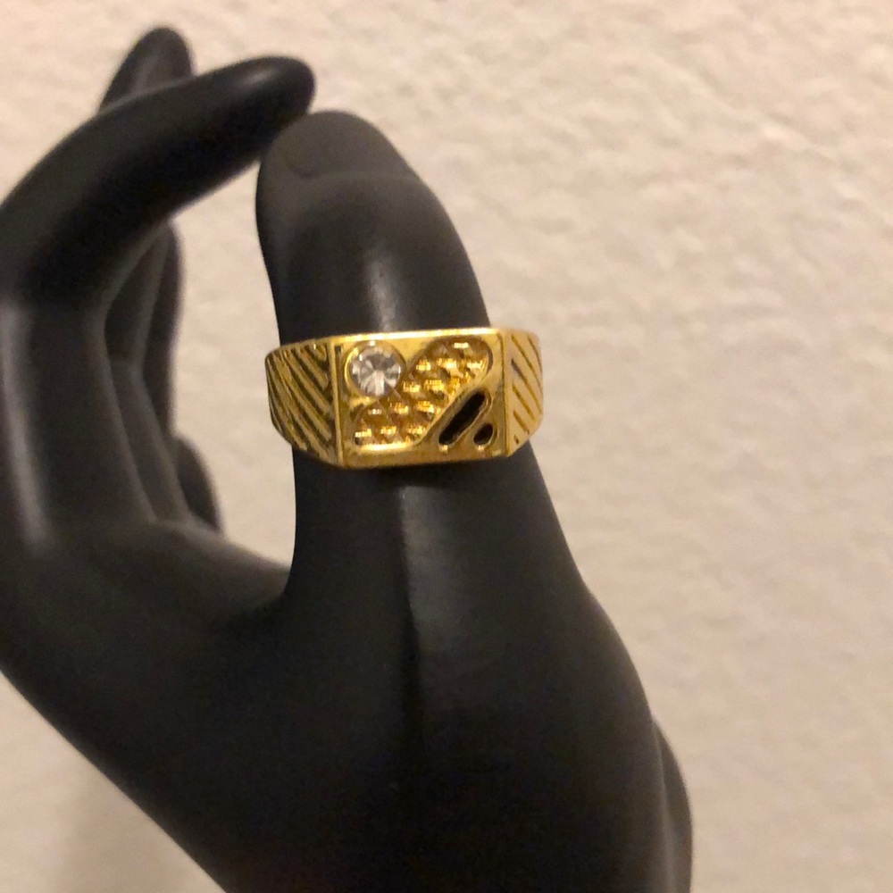 Gold-Plated Textured Ring with Clear Stone - Women's Jewelry